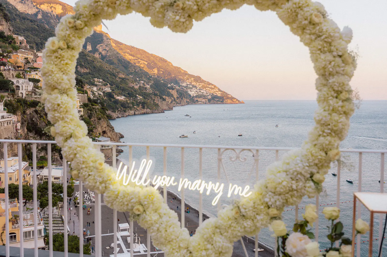 Will you marry me floral heart overlooking Positano